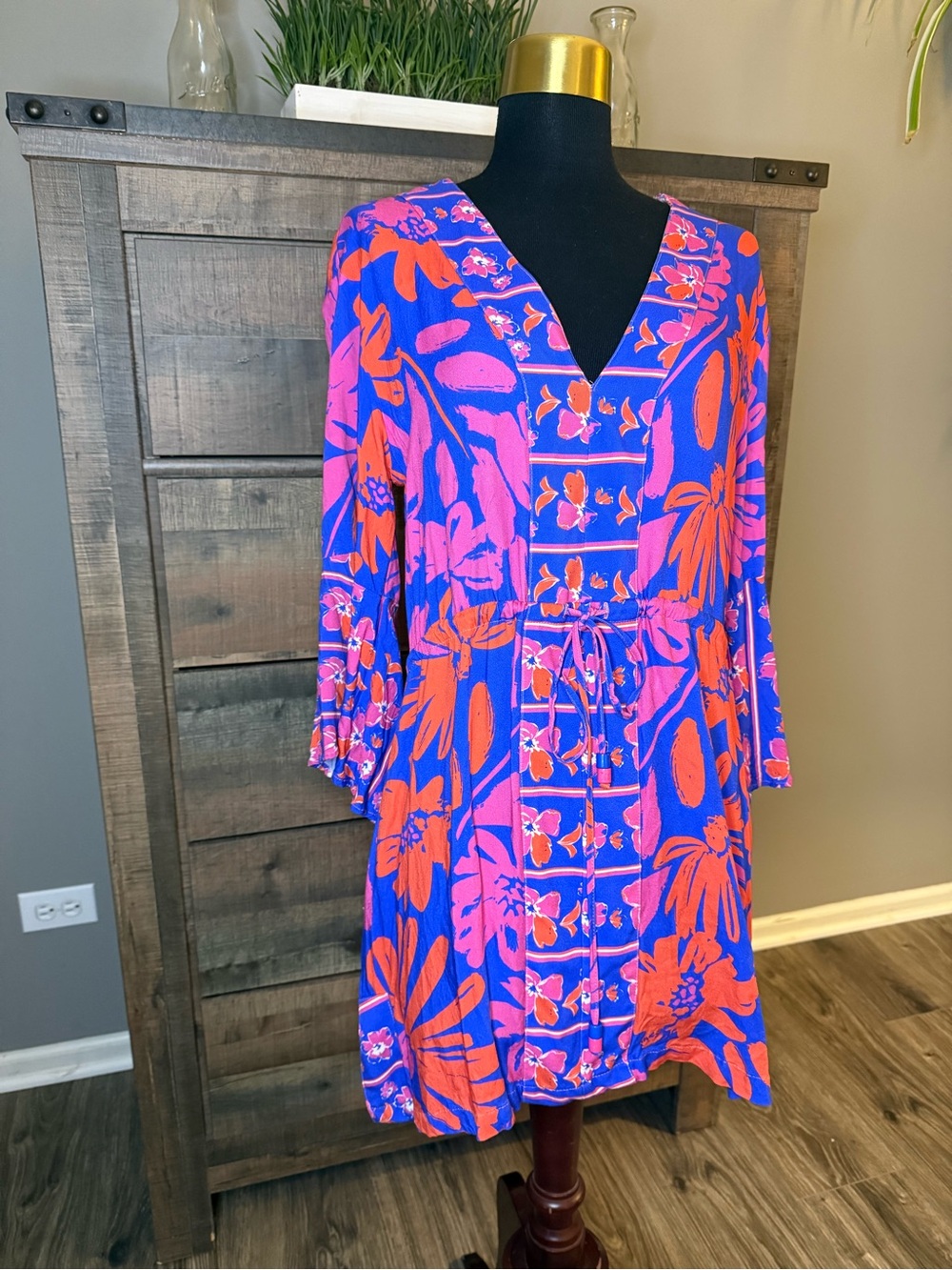 Maaji Floral Mini Dress Women’s Medium Blue Pink Orange Boho Top/Cover Up